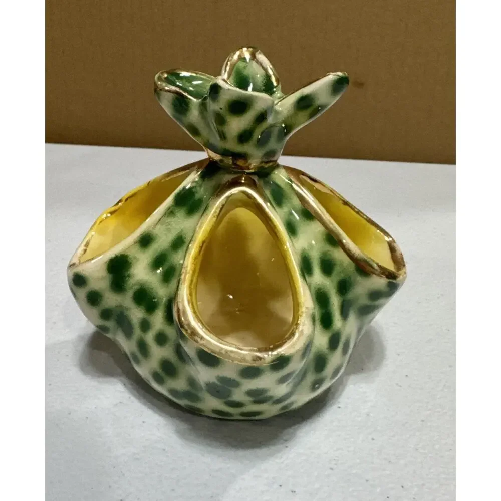VTG Polychrome Enamel Handkerchief Vase Basket Green Dots Mica Italy Small size